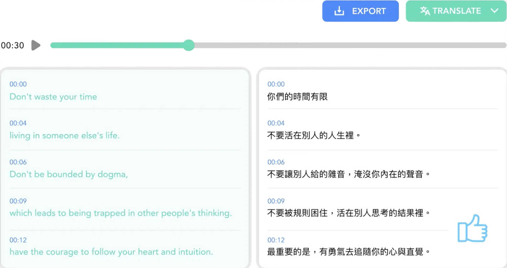 Export translated subtitles in SRT, VTT, TXT, or FCPXML format